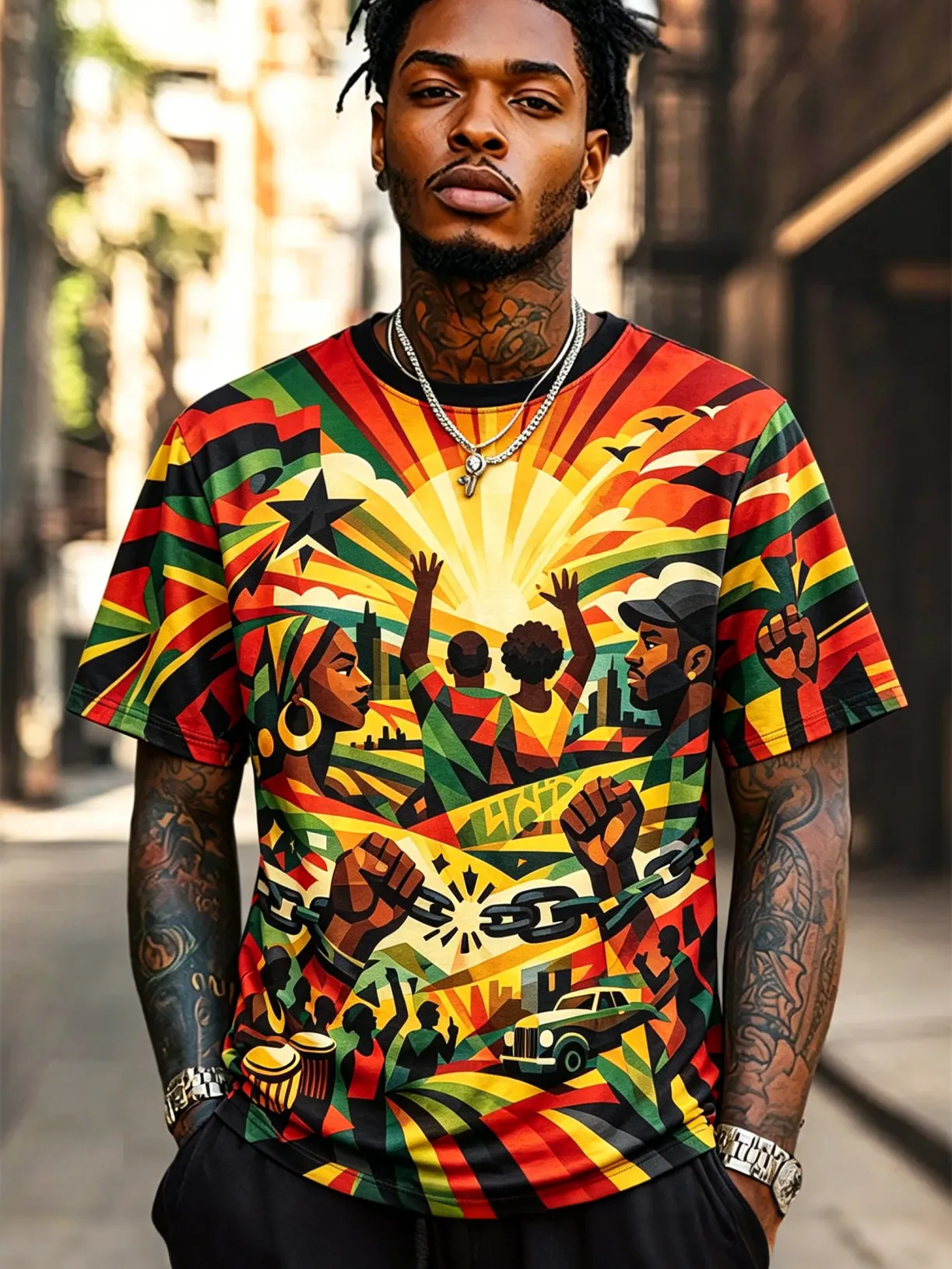 Men's Pan-African Black Liberation Broken Chain Raised Fist Sunrise Geometric Print T-Shirt