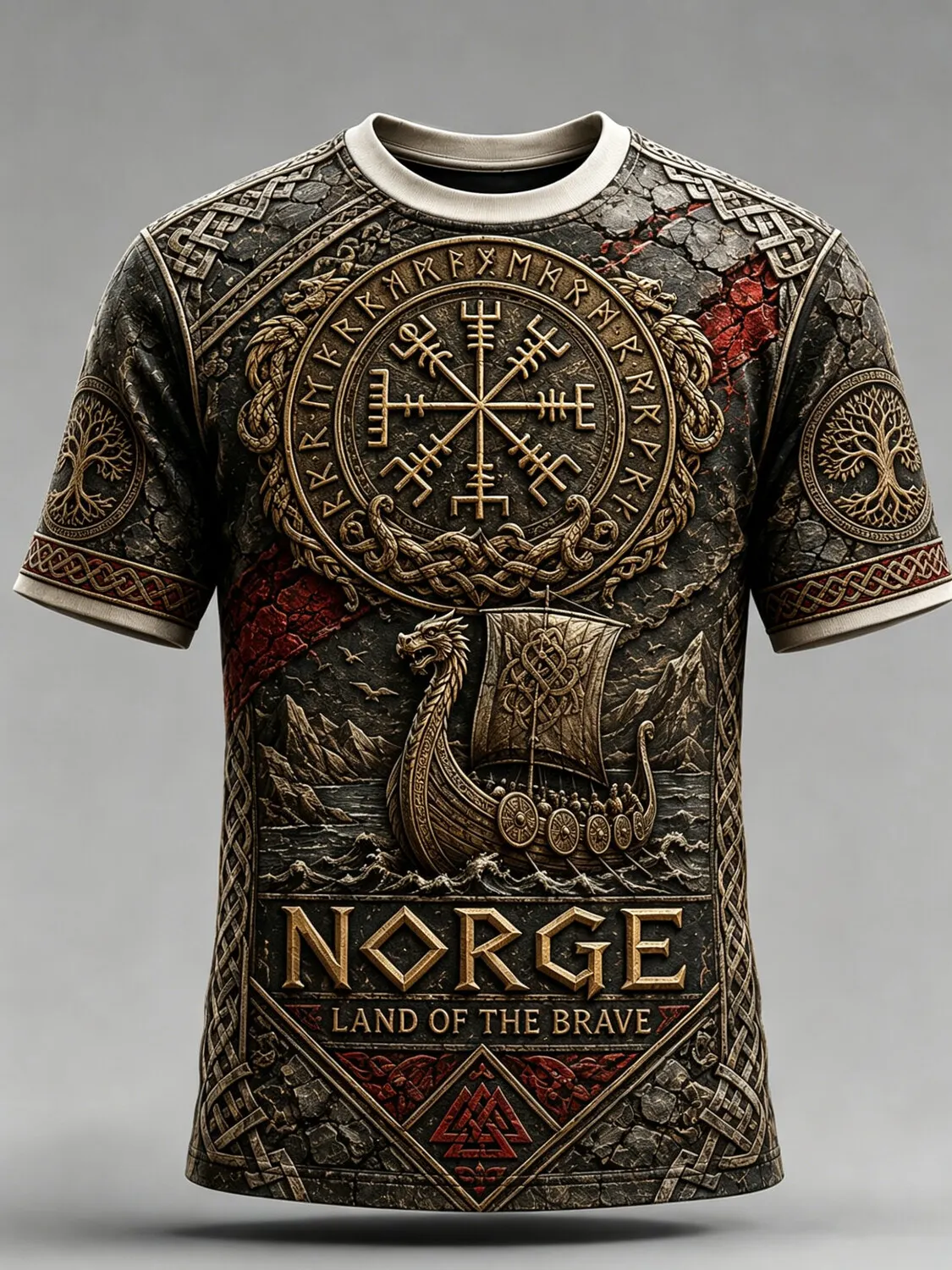 Men's Norse Norge Viking Longship Vegvisir Rune Tree Of Life Print T-Shirt