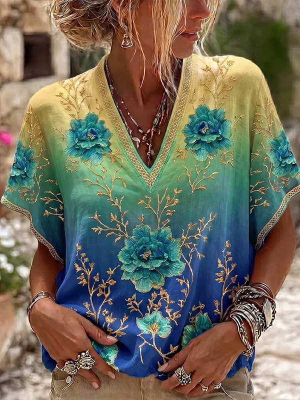 Women's Floral Gradient Print V Neck T-Shirt