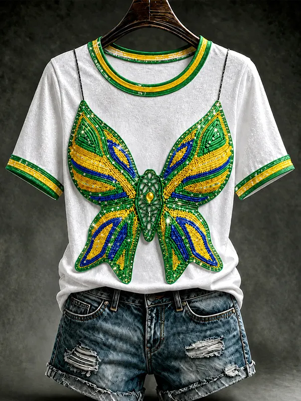 Women's 2026 Brazil Football Butterfly Print Casual T-Shirt