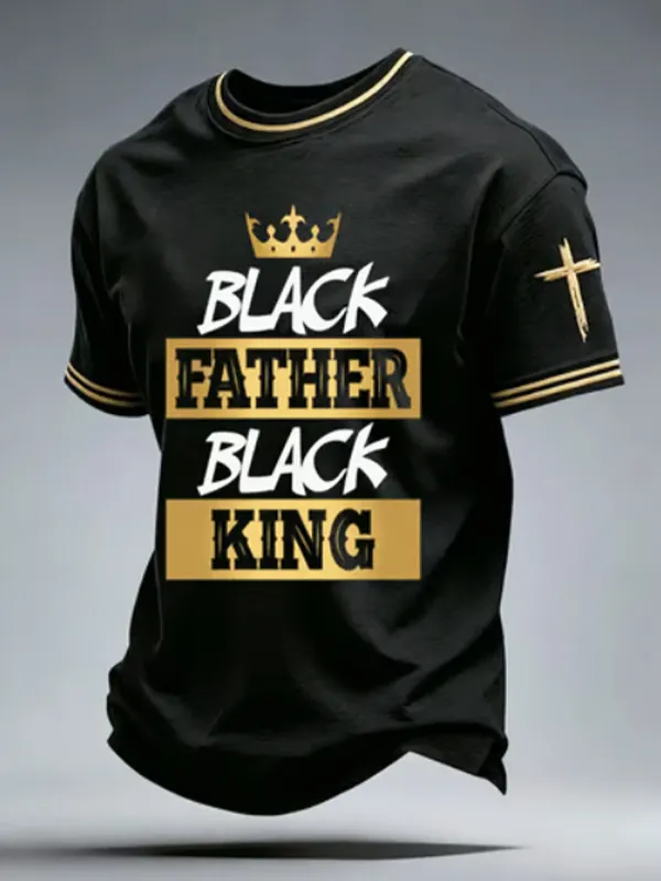 Men's Father's Day Black Father Black King Crown Cross Print T-Shirt