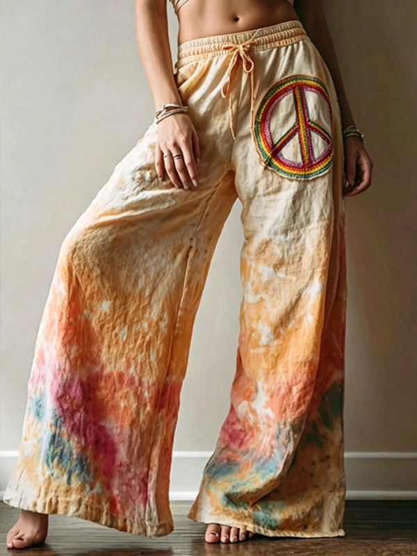 Women's Colorful Tie-Dye Peace Symbol Print Casual Wide Leg Pants