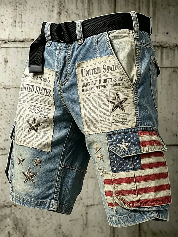Men's American Flag & Newspaper Print Patchwork Casual Shorts