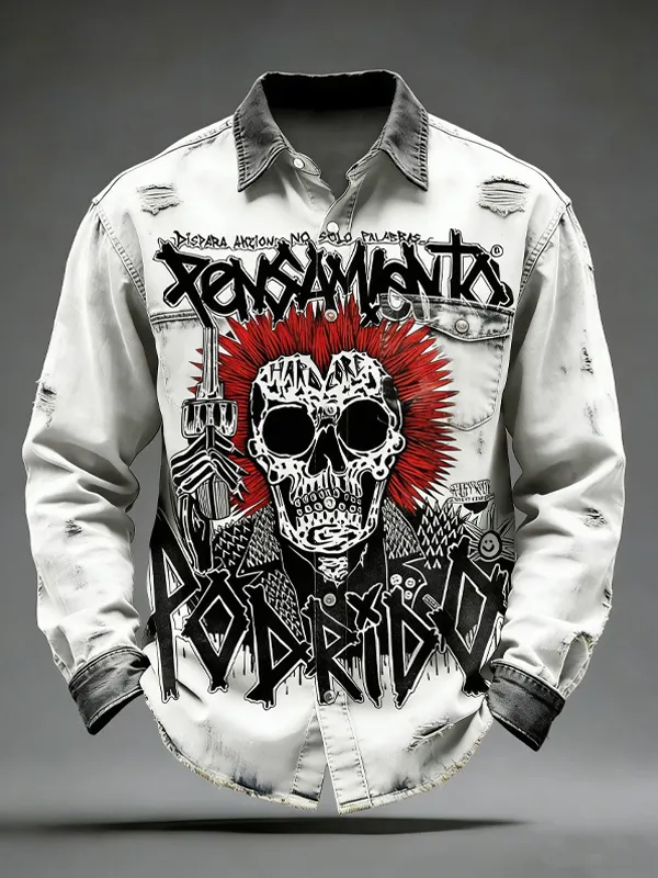 Men's Hardcore Punk Rock Skull Print Long Sleeve Shirt
