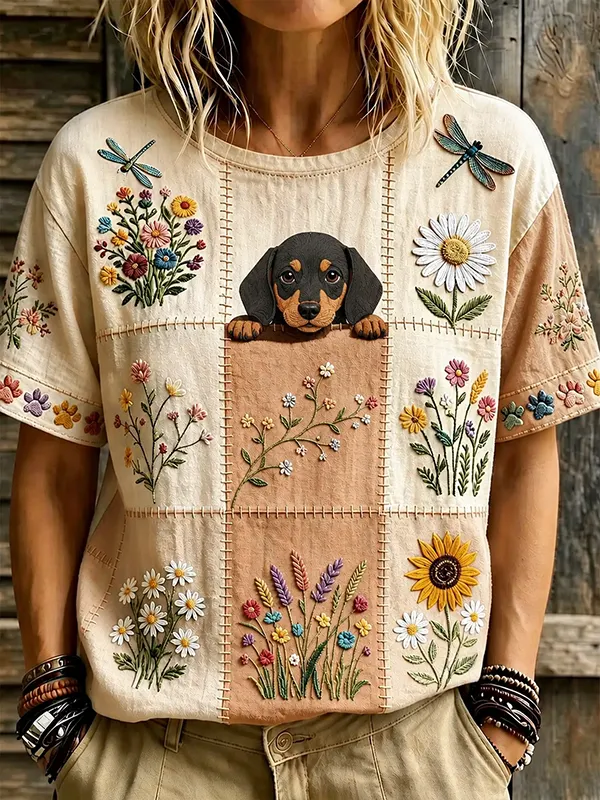 Women's Cute Dachshunds And Boho Floral Patchwork Print Casual T-Shirt