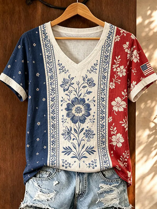 Women's American Folk Floral Colorblock Print Casual V Neck T-Shirt