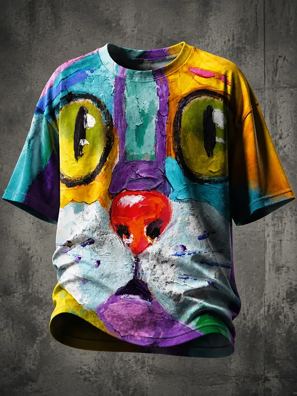 Men's Oil Painting Colorful Cat Face Print T-Shirt