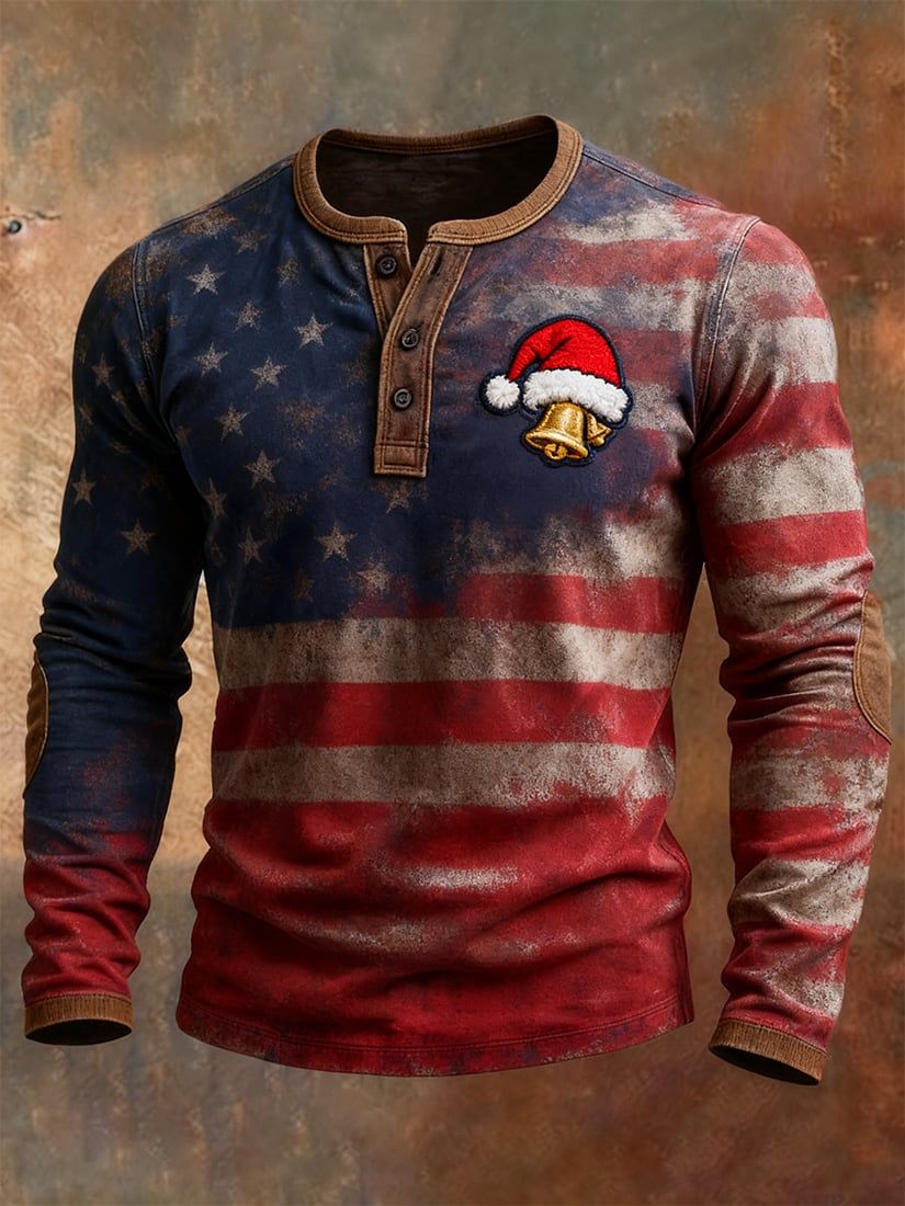 Men's Independence Day Christmas Hat Print Henley Long Sleeve T-Shirt