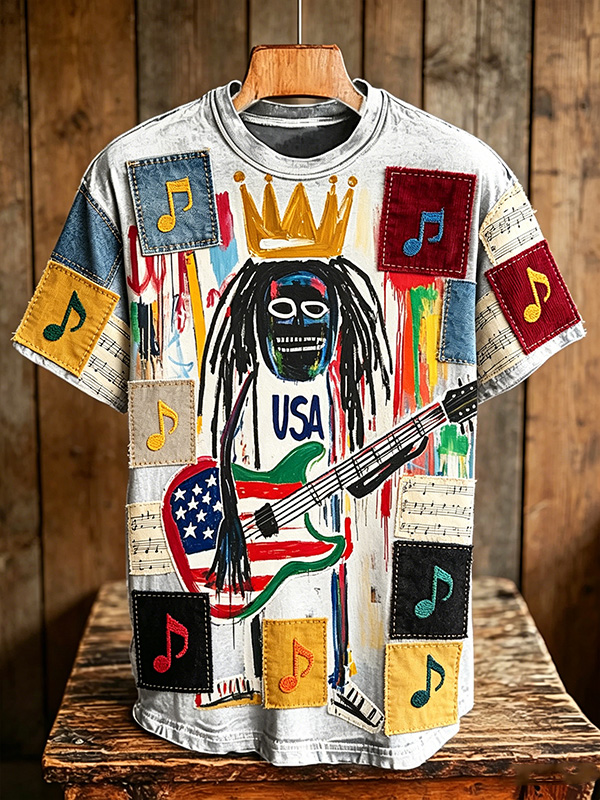 Men's Colorblock Music Notes Abstract Graffiti Guitarist Print Casual T-Shirt