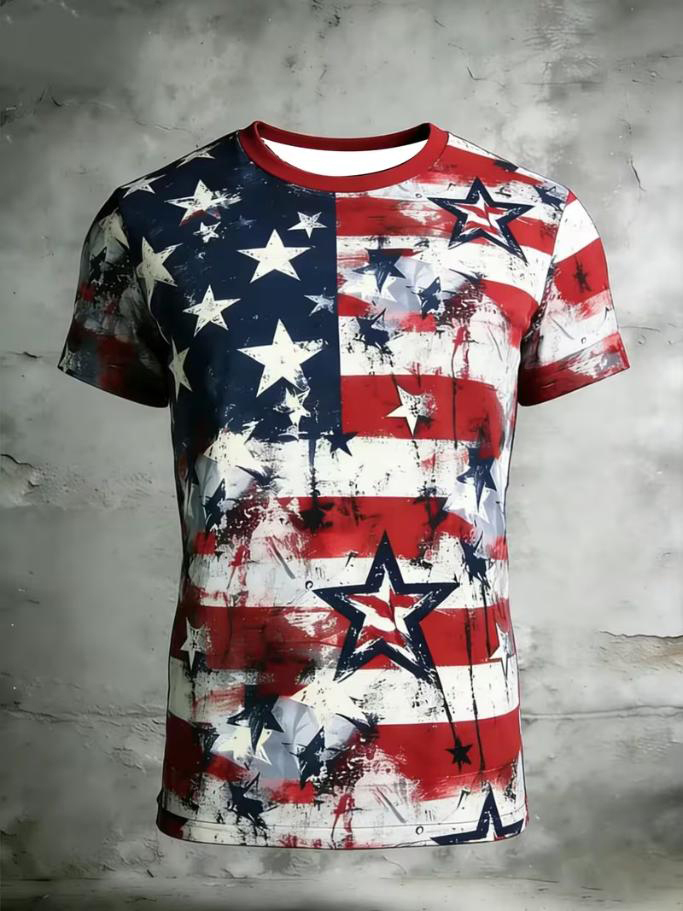 Men's Distressed American Flag Star Art Print T-Shirt