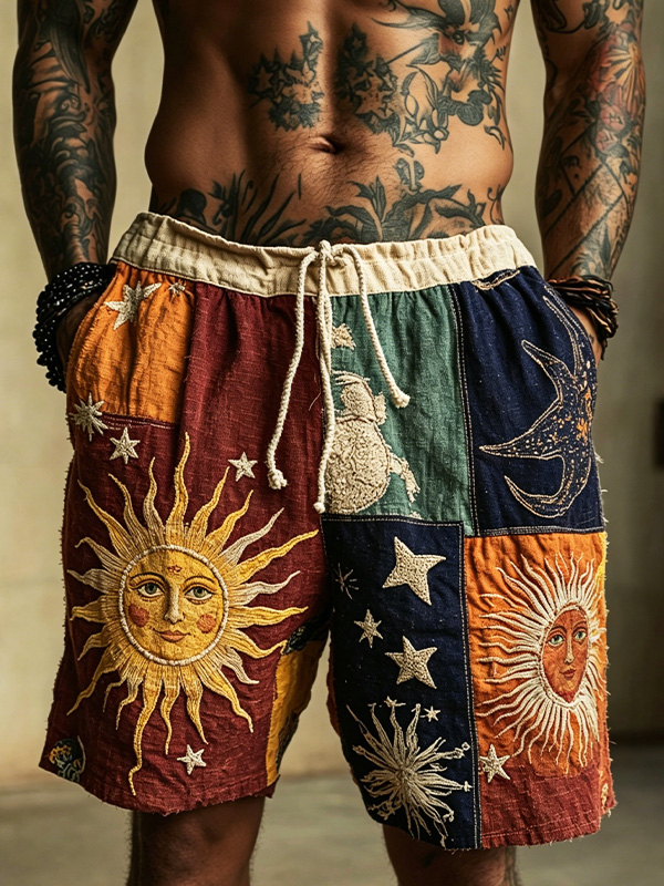 Men's Patchwork Sun And Moon Boho Art Print Casual Shorts