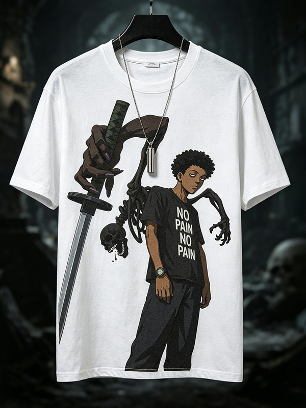 Men's Streetwear Anime Black Boy Skeleton Sword Print T-Shirt