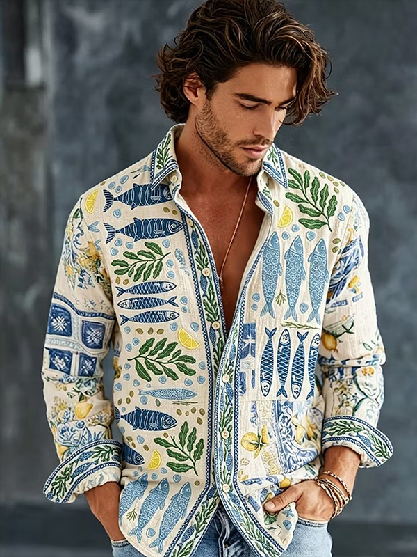 Men's Vacation Sicily Mediterranean Fish And Lemon Print Long Sleeve Shirt