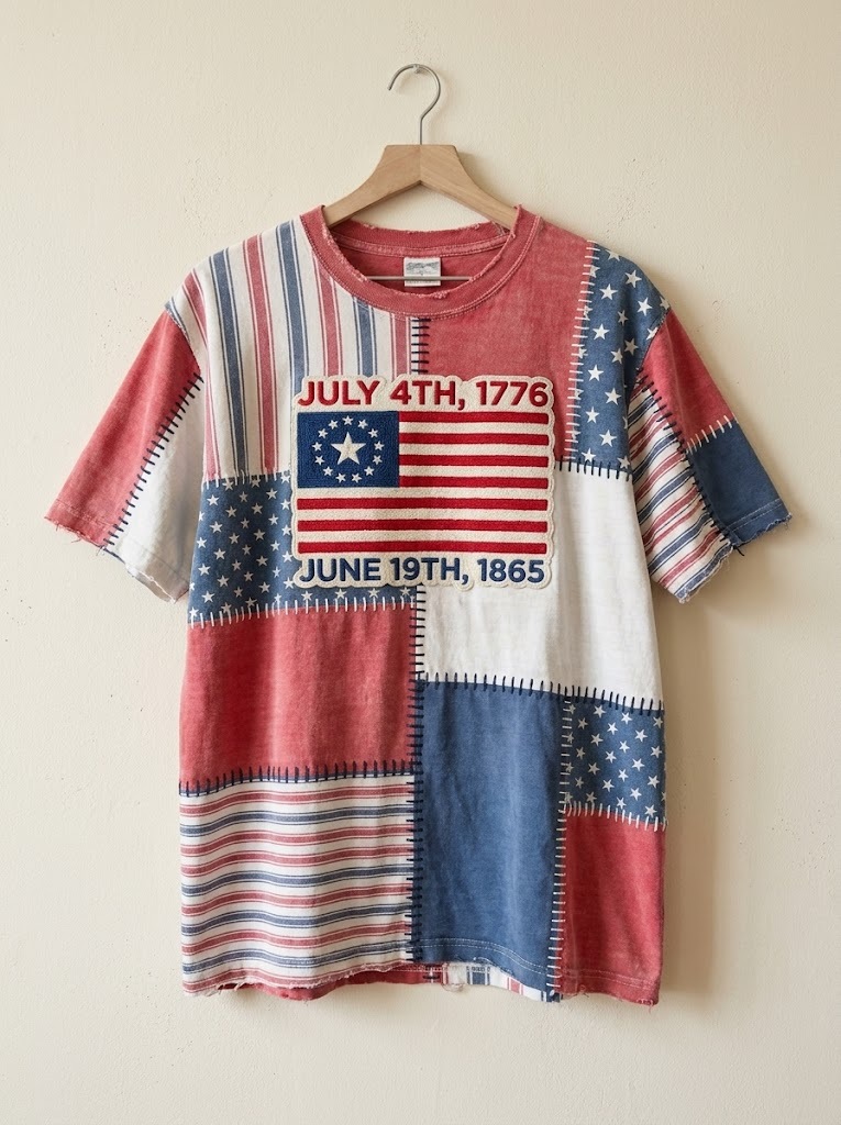 Men's Vintage Patchwork USA Flag July 4th & Juneteenth 1865 Print T-Shirt