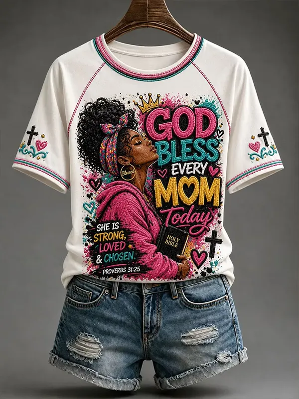 Women's God Bless Every Mother Print Casual T-Shirt