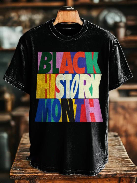 Men's Black History Month Multicolor Bold Text Print Cotton Casual T-Shirt