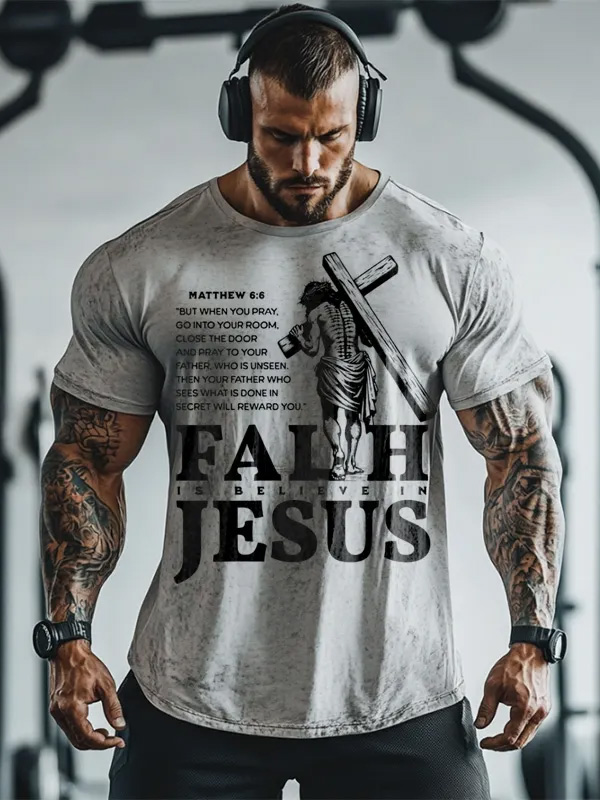 Men's Jesus Faith Fitness Art Print Casual Short Sleeve T-Shirt
