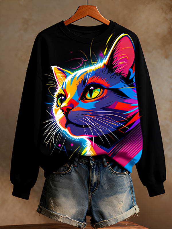 Women's Colorful Cyber Pop Art Cat Print Casual Sweatshirt