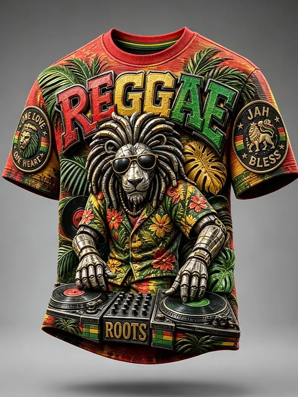Men's One Love Palm Trees DJ Lion Reggae Print Casual T-Shirt