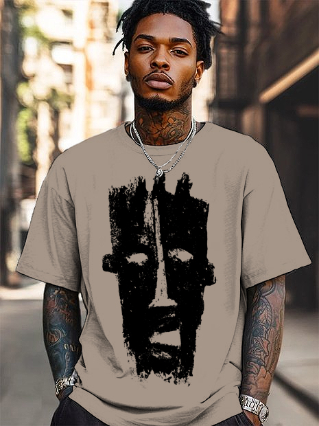 Men's Black Abstract African Mask Graphic Print Cotton Casual T-Shirt