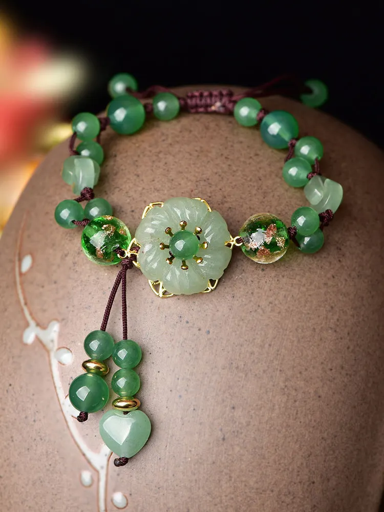 Buddha Stones Natural Green Jade Beaded Luck Dangling Flower Bracelet