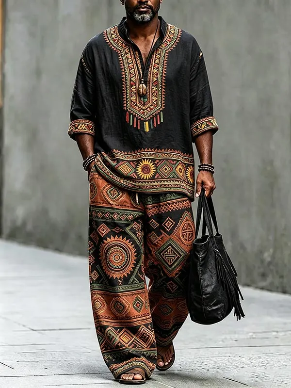 Men's African Tribal Geometric Print Half Button Long Sleeve Shirt Pants 2pcs Set