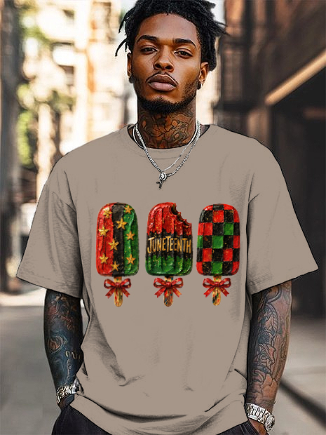 Men's Colorblock Ice Lollipop Juneteenth Print Cotton Casual T-Shirt