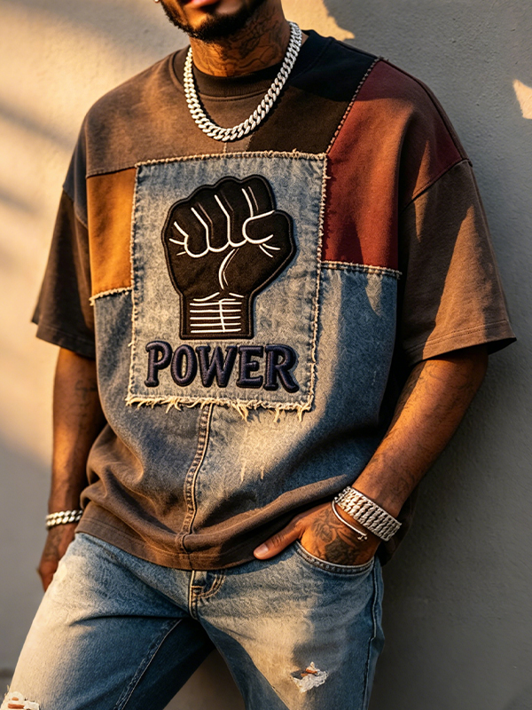 Men's Black Power Color Block Print Casual T-Shirt