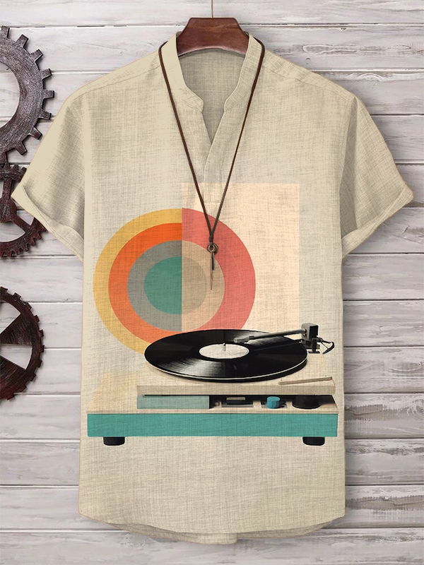 Men's Retro Vinyl Music Art Print Cotton And Linen V Neck T-Shirt