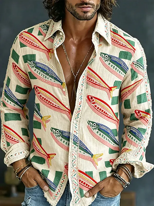 Men's Japanese Art Sardine Geometric Print Long Sleeve Shirt