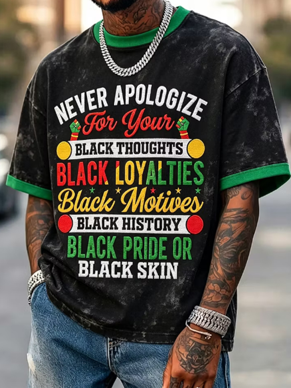 Men's Never Apologize Black Pride Text Contrast Binding Print T-Shirt