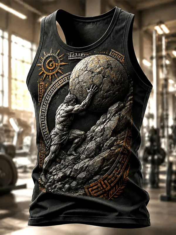 Men's Greek Mythology Sisyphus Pushes Stones Print Workout Tank Top