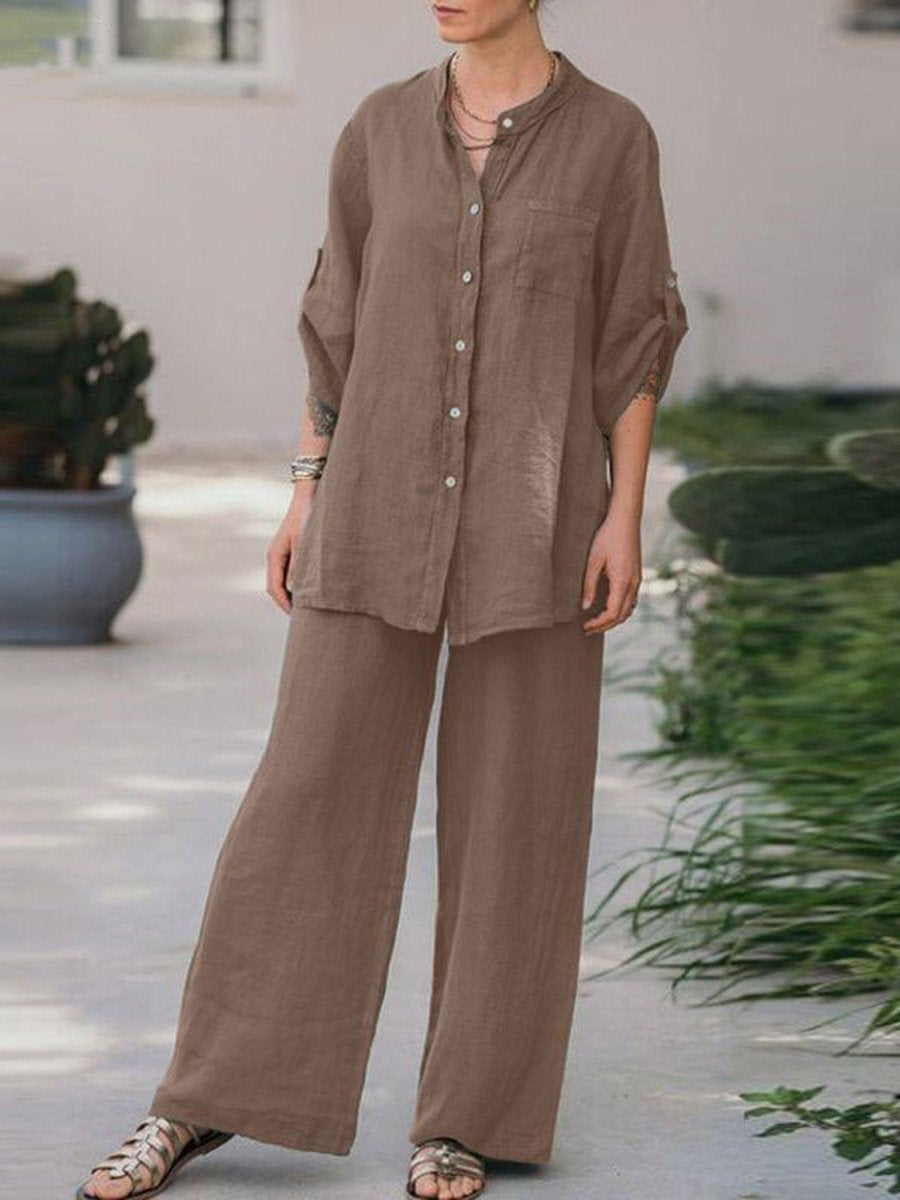 Women's Spring Solid Color Long- Sleeve Shirt and Pants Two Piece Set