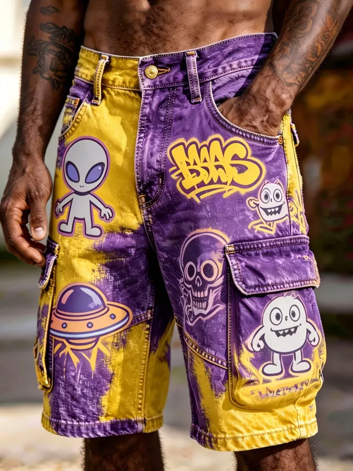 Men's Vintage Tie Dye Alien Ufo Graffiti Print Cargo Shorts
