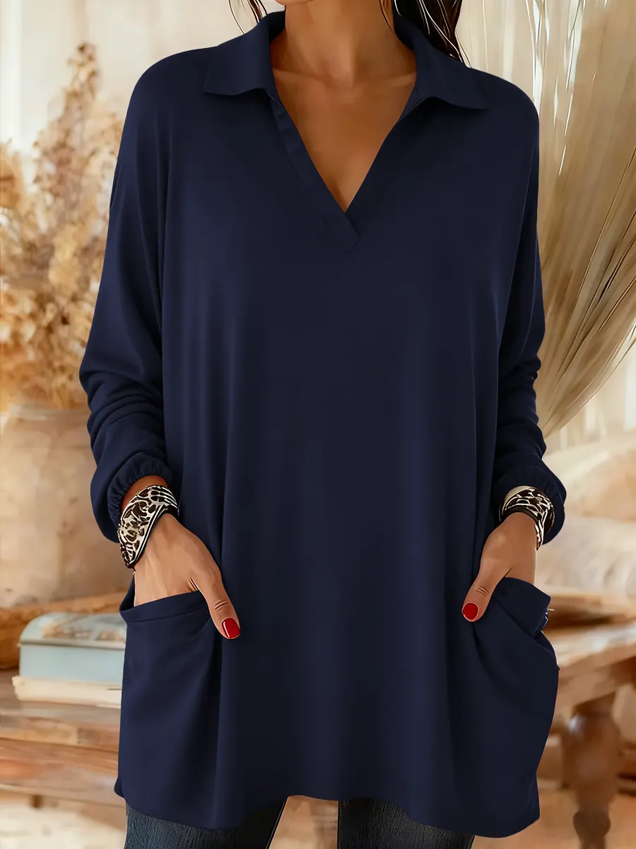 Women's Solid Color V-neck Long Sleeve Casual Loose Cotton Top