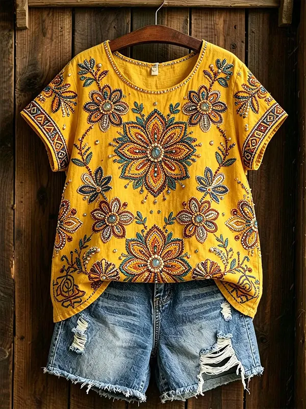 Women's Vintage Floral Rhinestone Boho Art Print Casual T-Shirt