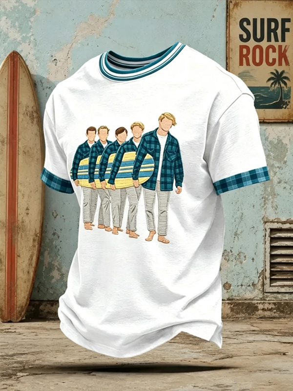 Men's Plaid Cuff Surf Boys Art Print T-Shirt
