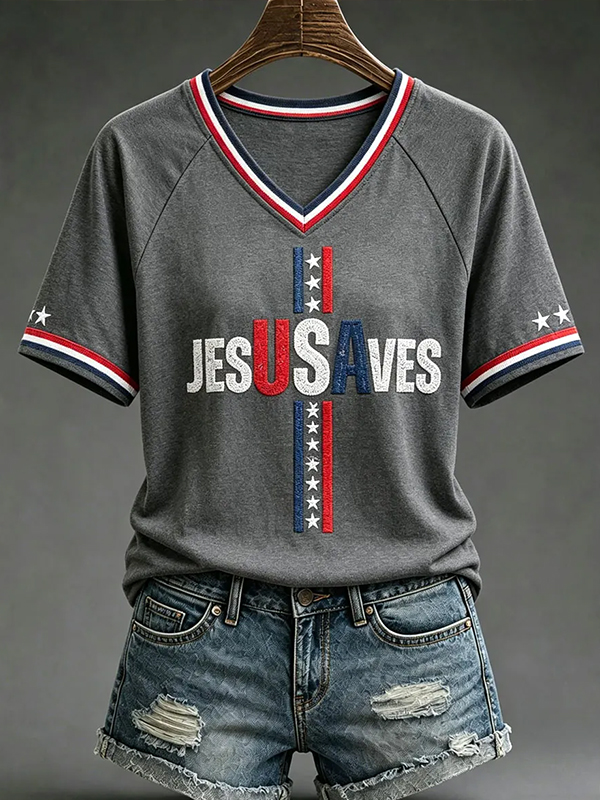 Women's Jesus Saves USA Stars Stripes Print Casual V Neck T-Shirt