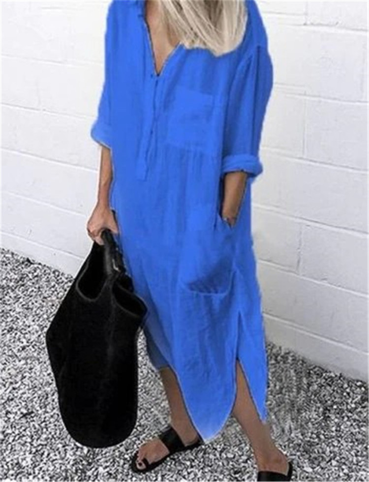 Mono Color Button Lapel Irregular Hem Shirt Women Maxi Dress