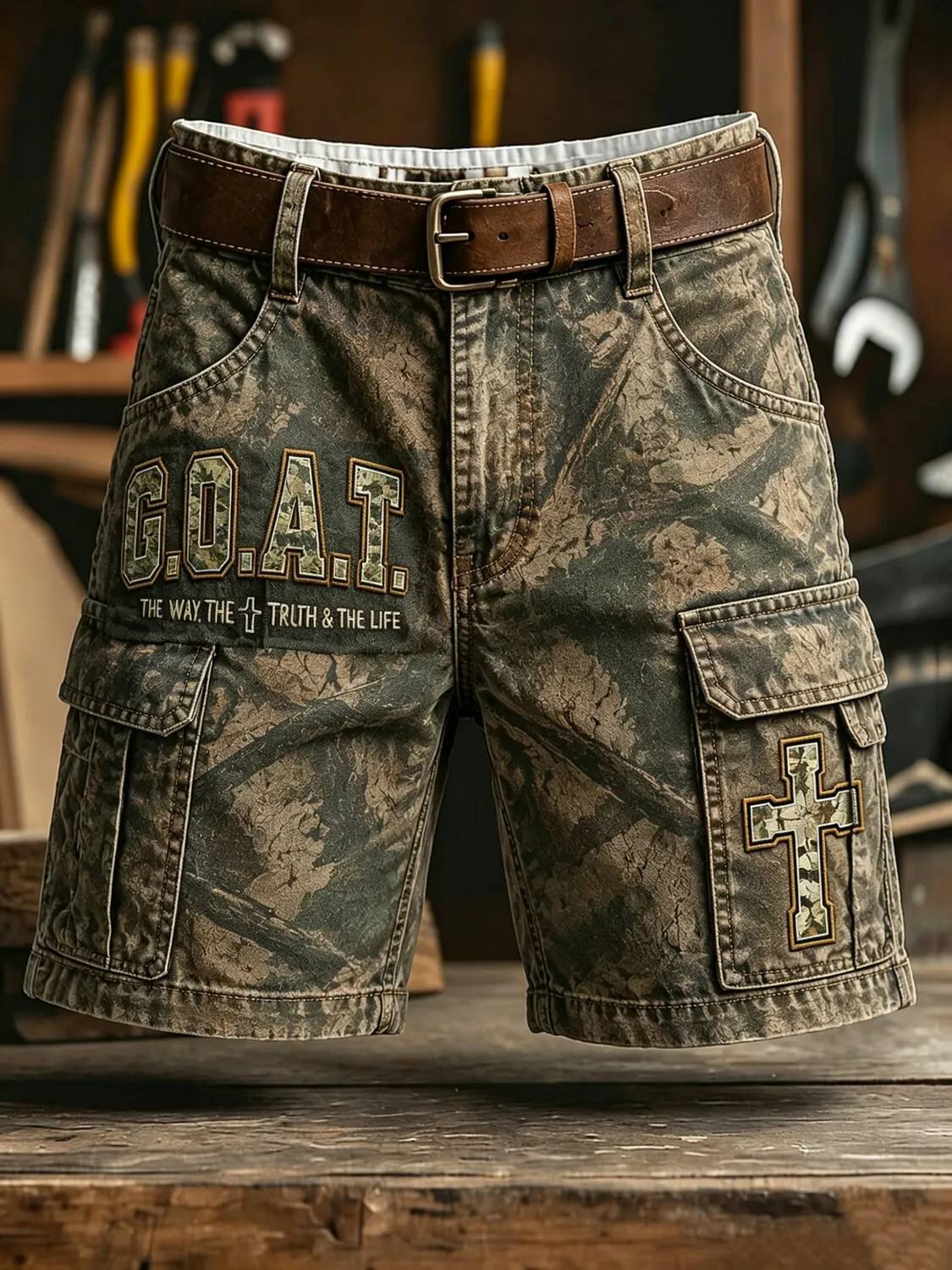 Men's Camo G.O.A.T The Way The Truth The Life Cross Faith Print Casual Shorts
