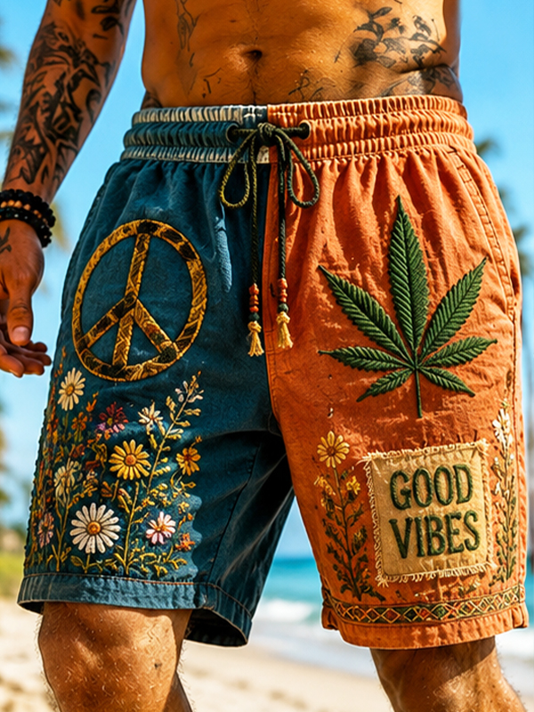 Men's Hippie Wild Hemp Patchwork Resort Print Casual Shorts
