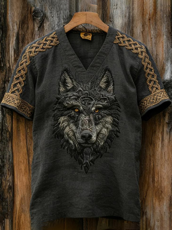 Men's Viking Wolf Head Art Print V Neck T-Shirt