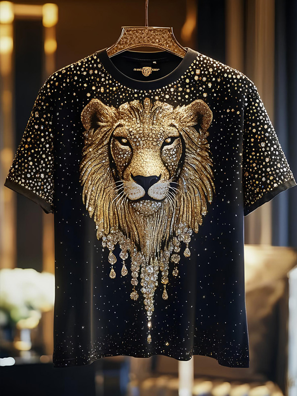 Men's Sparkly Rhinestone Lion Print Casual T-Shirt