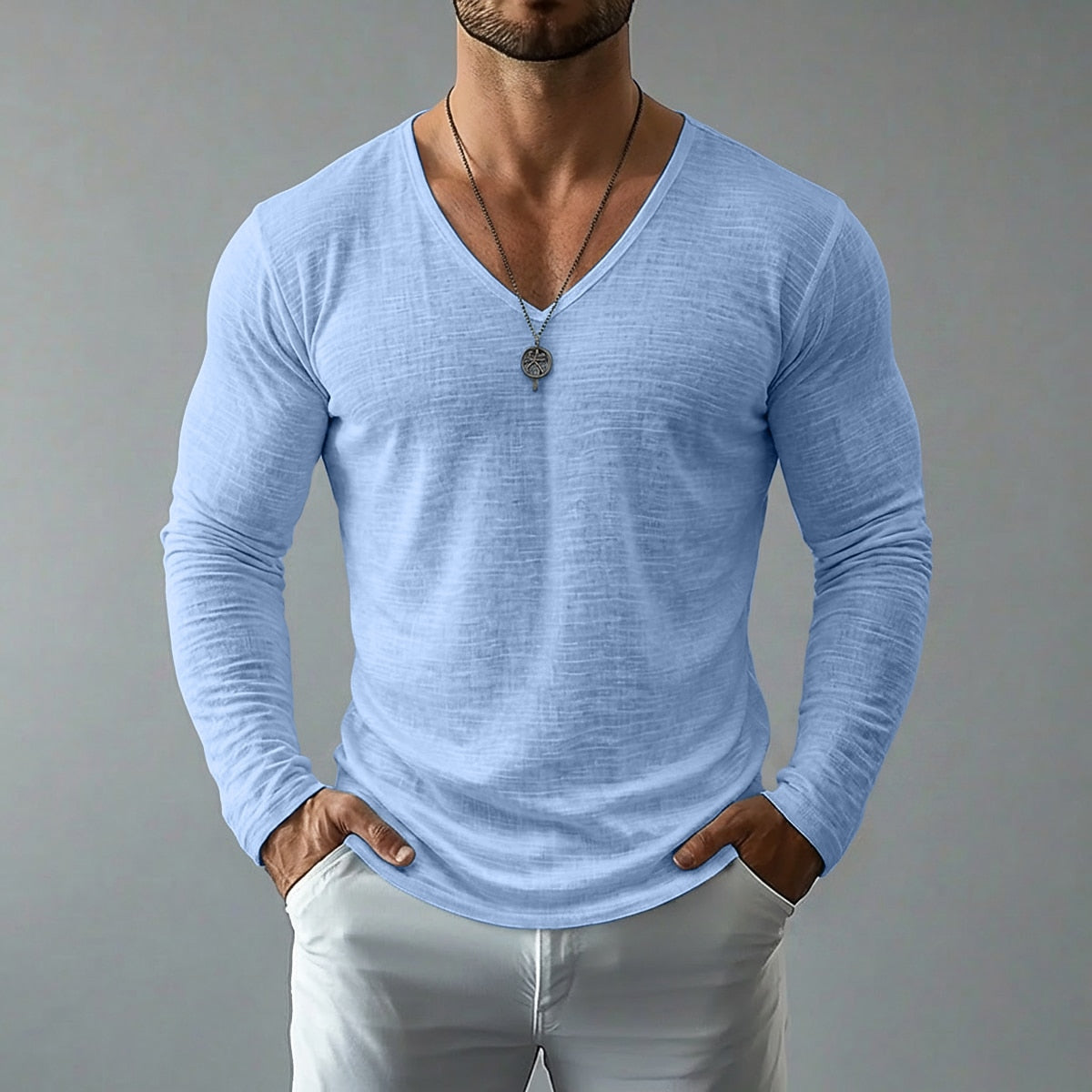 Men’s Lightweight Linen-Texture V-Neck Tee