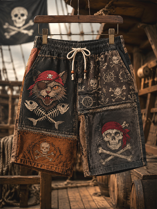 Men's Cat Pirate Fishbone Skull Graphic Print Casual Shorts