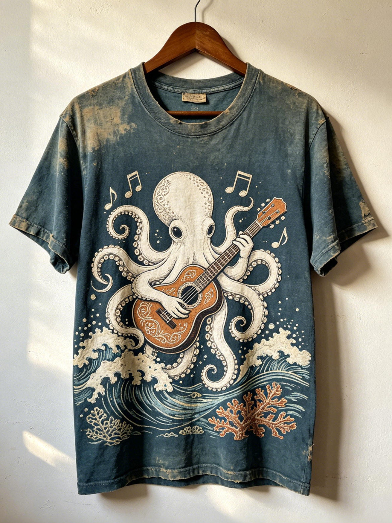 Men's Whimsical Octopus Playing The Guitar In The World Of Cthulhu Print T-Shirt