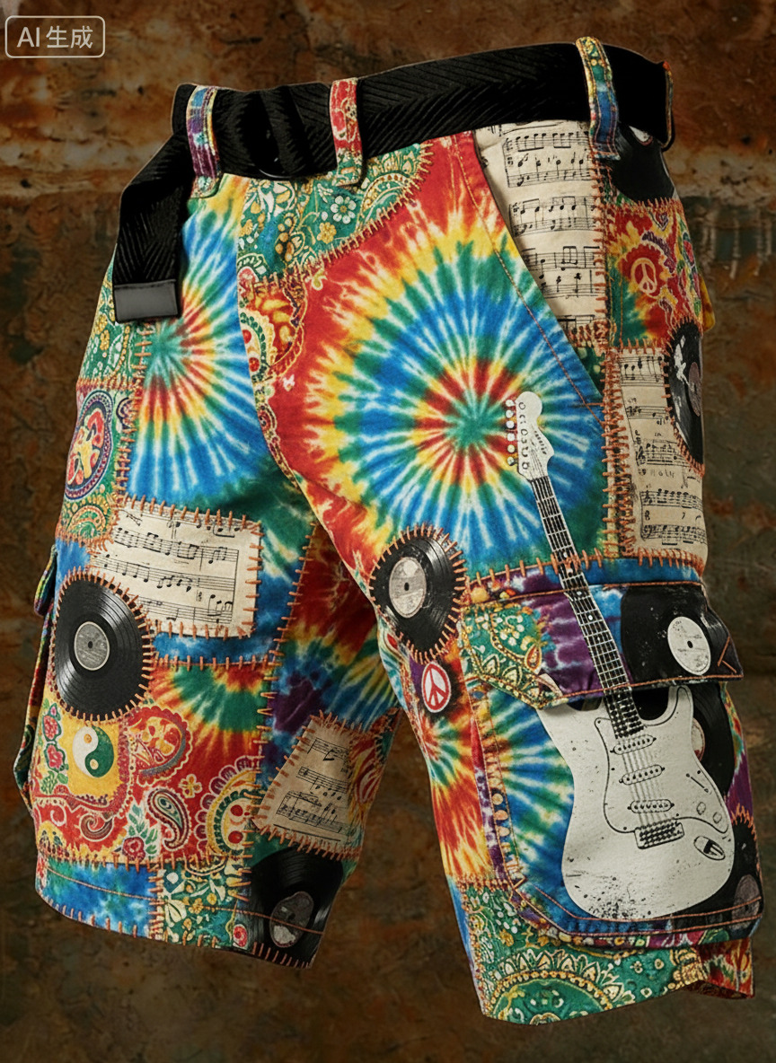 Men's Hippie Art Musical Notes Tie Dye Print Cargo Shorts