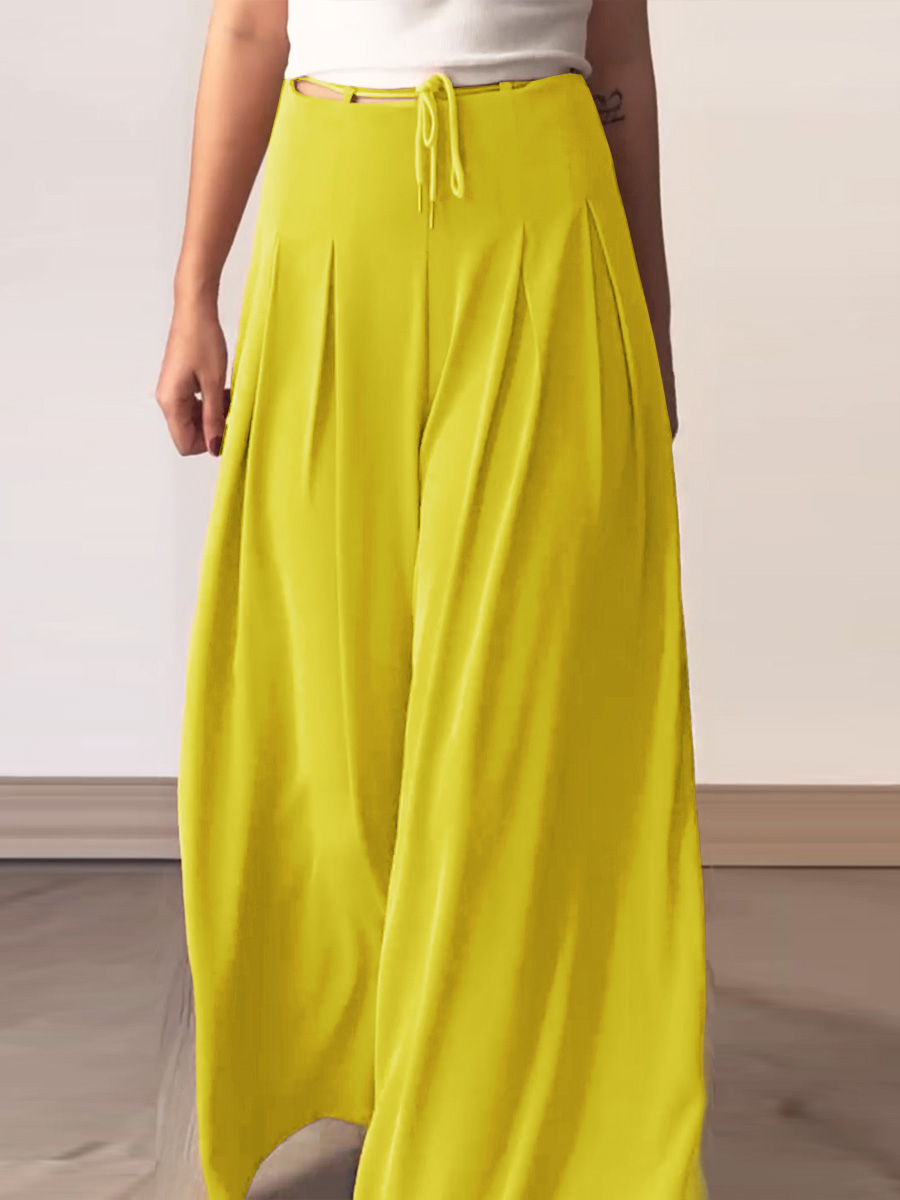 Women's Summer Solid Color High Waist Lace-up Loose Casual Cotton and Linen Wide Leg Pants