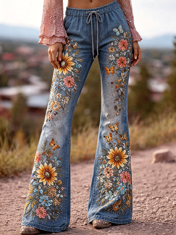 Women's Boho Flowers And Butterflies Print Casual Wide Leg Pants