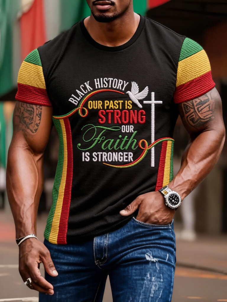 Men's Black History Our Past is Strong Our Faith is Stronger Print Casual T-Shirt
